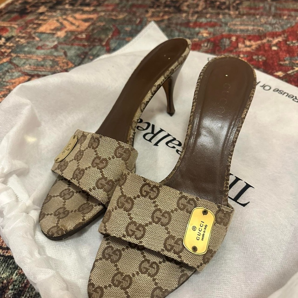Gucci Brown GG Canvas Open-Toe Mule Heels
